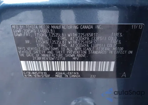 2013 Toyota Rav4 Le from USA, damaged, VIN 2T3BFREV1DW112758